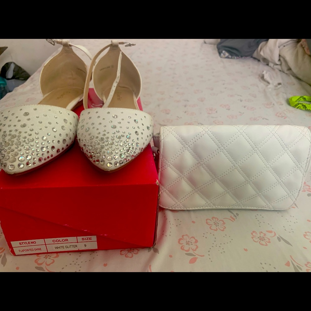 White glitter flats in white crossbody